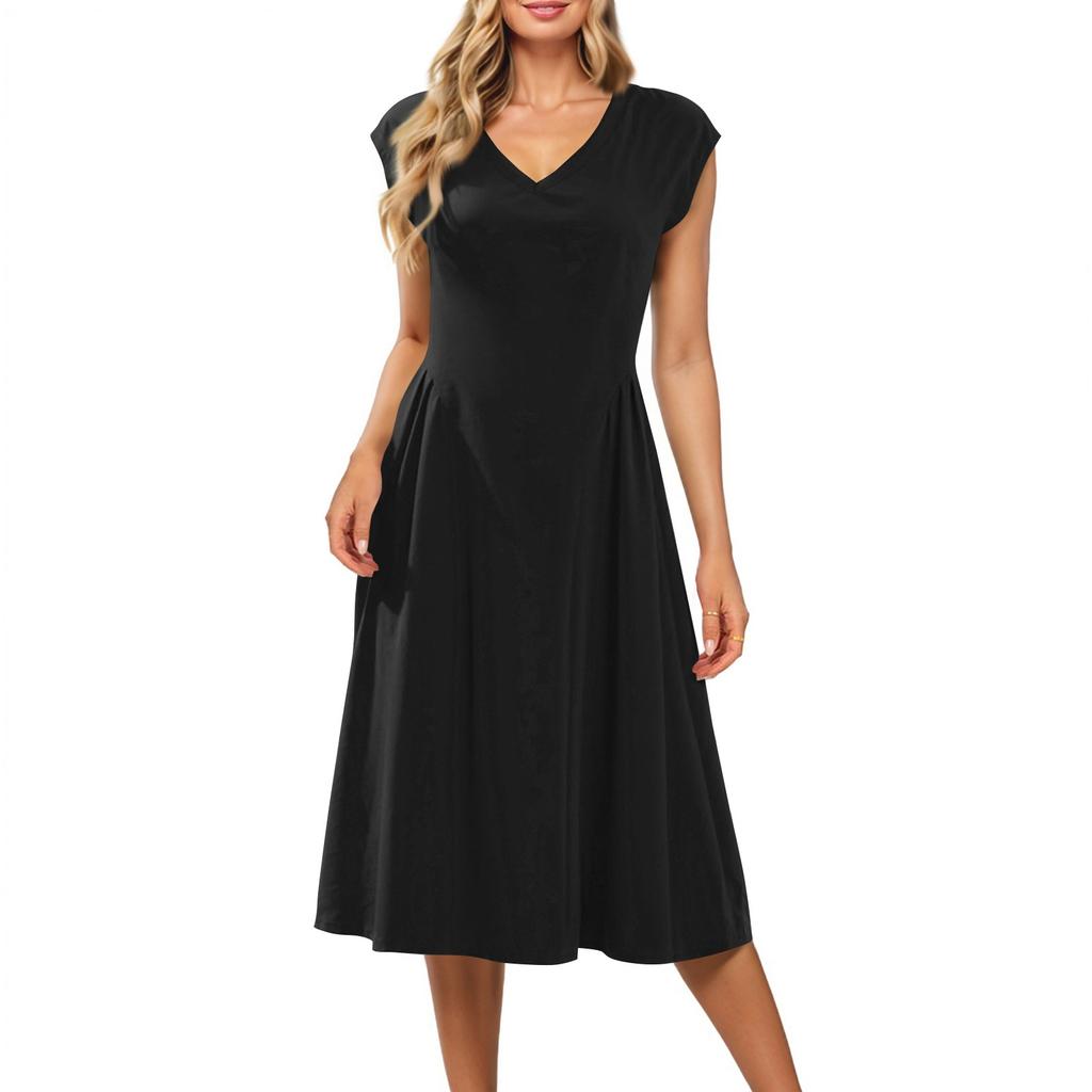 Damklänning med kort ärm, enfärgad, V-ringad, ärmlös, patchwork, plisserad, smal passform