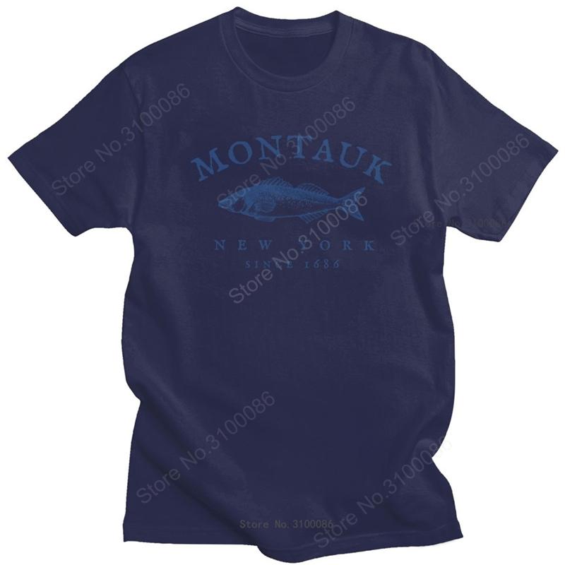 Montauk Nowy Jork Wędkarstwo 1686 Koszulka Męska Bawełniana Koszulka z Rybą Prezent dla Wędkarza na Emeryturze T-shirt z Krótkim Rękawem Drukowany Top Prezent