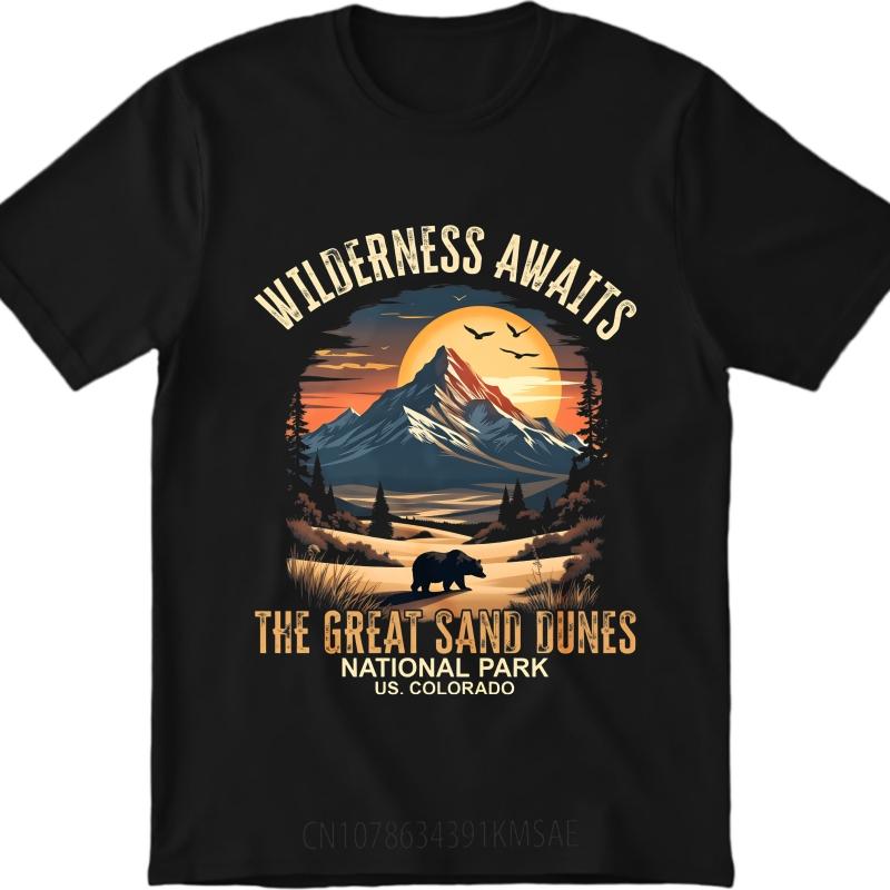Graphic Summer Teenagers T Shirt Wilderness Awaits Mountain Sunset Bear Trees Dunes Park Colorado Short Sleeve Street Wear Crew