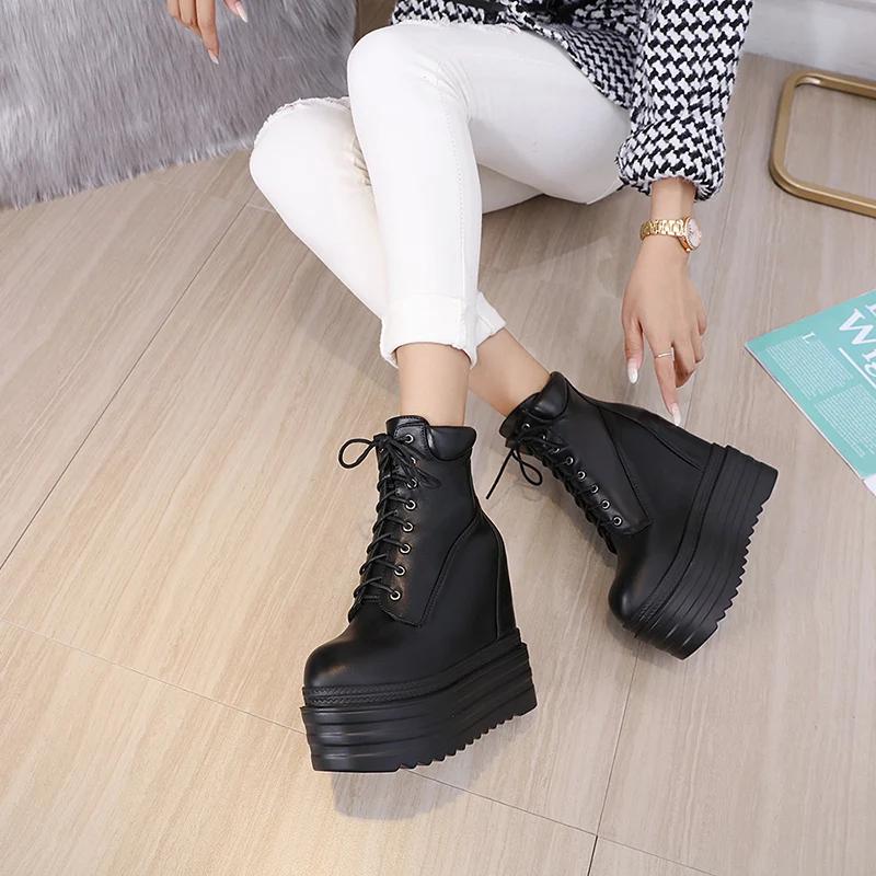 Fashion Lace Up Boots 16CM Thick Heel Ankle Boots Women High Heels Autumn Winter Woman Shoes Black Boots Platform Shoes