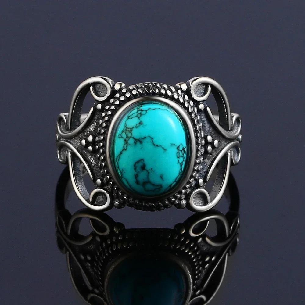S925 Silver Vintage Ring With Natural Turquoise Stone Rings Oval and Round Shape Flower Carved Rings For Women Men