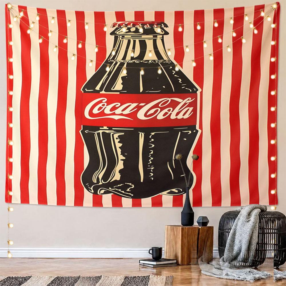 Coca-Cola Bottle On Red Stripes Background Pattern Wall Hanging Tapestry Decorative Tapestry Home Decor for Bedroom and Living Room