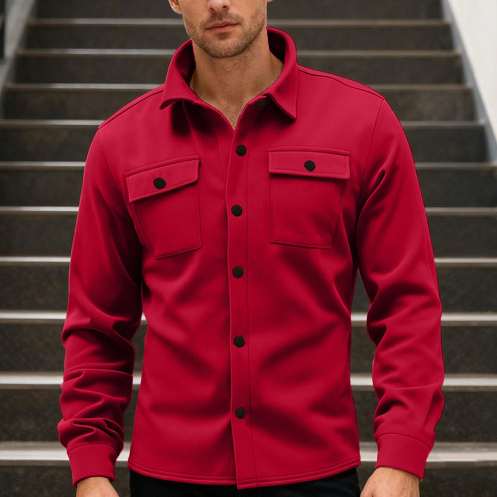 Pánská ležérní volná jednobarevná košilová bunda, klopový límec, dlouhý rukáv, knoflíkové zapínání, ležérní pracovní oděv