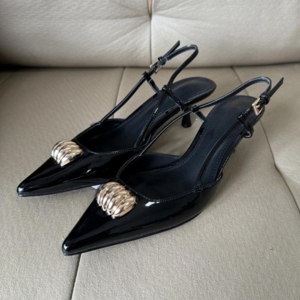 Fashion Metal Decoration Designer Sandals for Women Summer Sexy Patent Leather Pointed Toe High Heels Party Dress Shoes