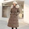 Winter Women's Long Cotton Jacket with Fur Collar and Belted Waist
