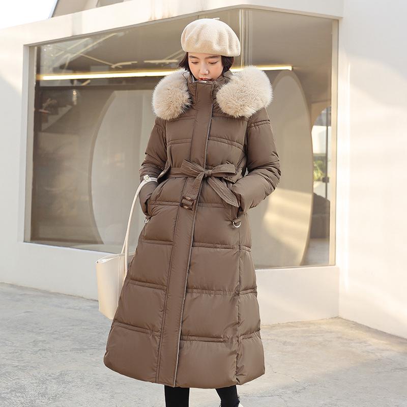 Winter Women's Long Cotton Jacket with Fur Collar and Belted Waist