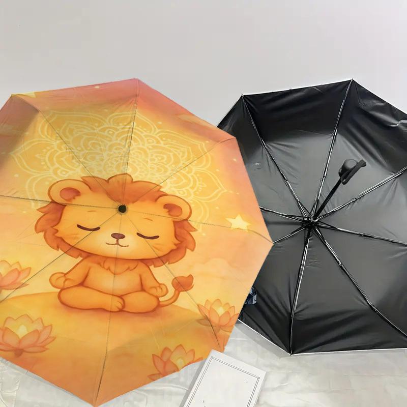 Peaceful Lion Lotus Mandala Umbrella: Automatic Opening & Closing, Outdoor Protection, Lightweight & Durable Travel Accessory