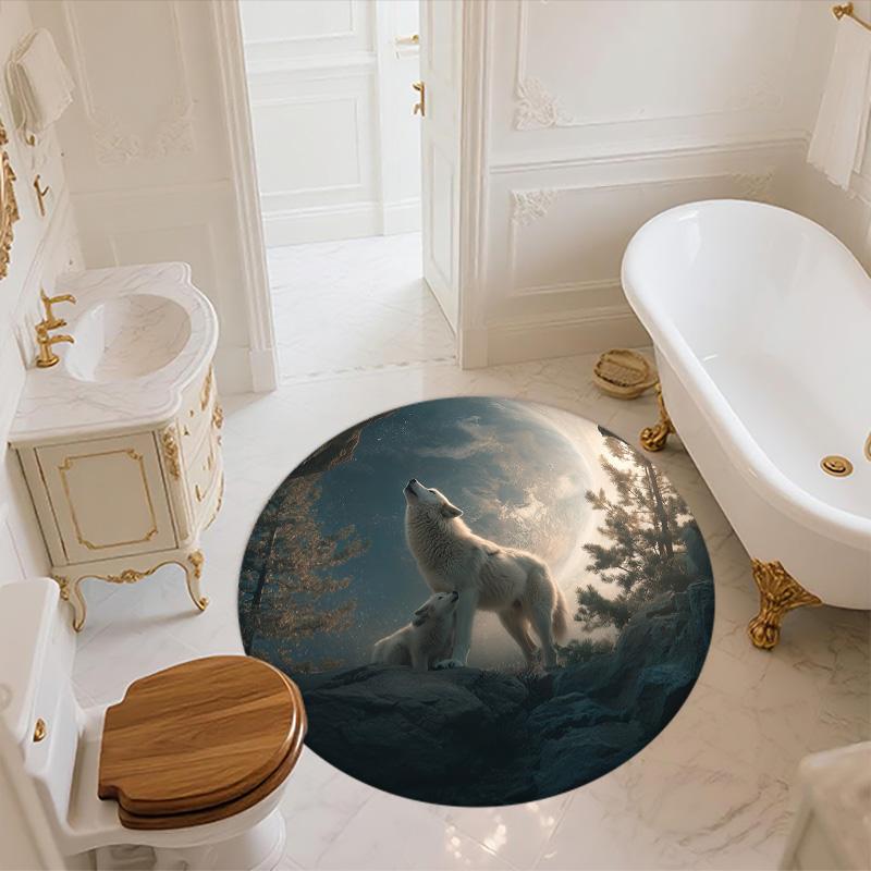 Two White Wolves,Round Area Rug,Carpet Rug for Living Room Bedroom Sofa Playroom Decor,Non-slip Floor Mat
