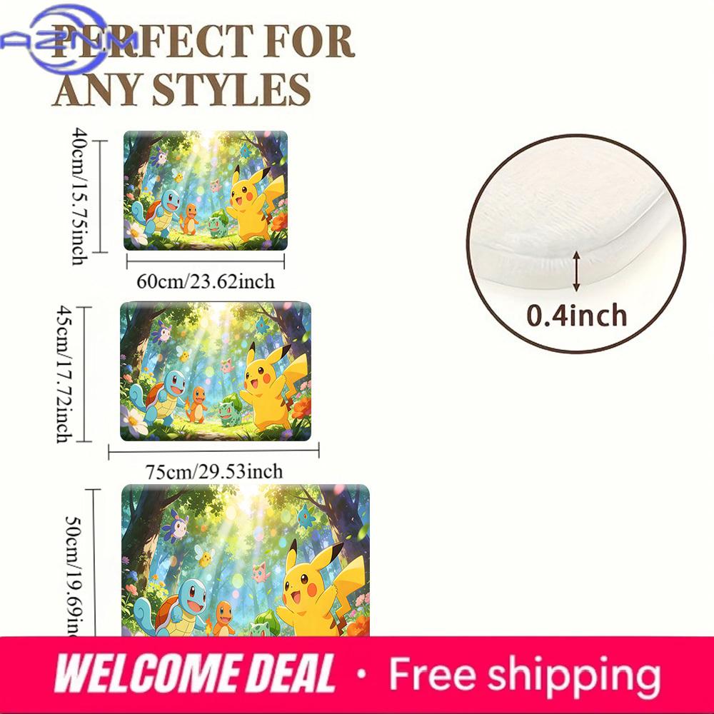 Cute Pokemon Pikachu and Starters Forest Print Non-slip Doormat, Soft Absorbent Floor Rug for Home Decor