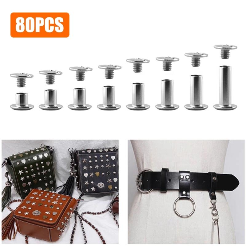 80Pcs Assorted Size Leather Rivets Stainless Steel Binding Screws Fasteners for Leather Working Project Bookbinding