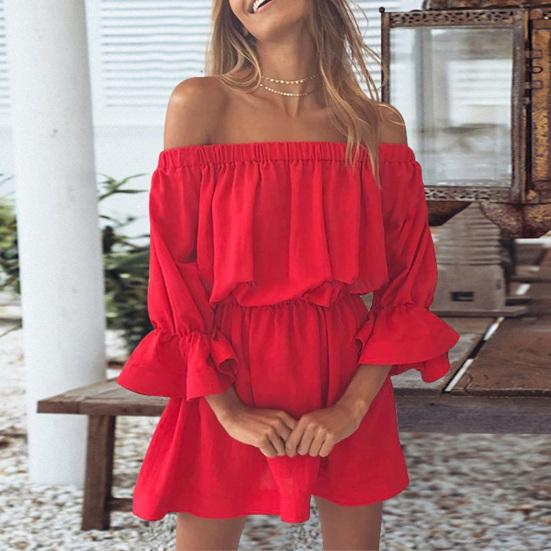 Women Dress Off Shoulder Ruffles Summer Solid Color Strapless Mini Dress for Daily Wear
