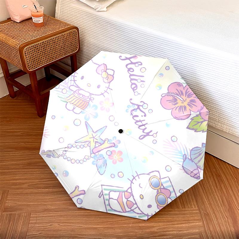 Ombrello pieghevole automatico con motivo Hello Kitty su sfondo sfumato, design portatile e pieghevole, 8 stecche, un regalo di Natale o di compleanno.