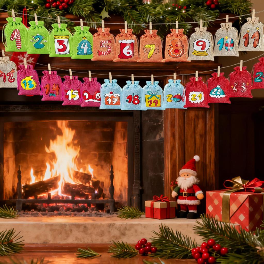 Leere Kalender Adventsbeutel Weihnachten Countdown Wiederverwendbar 24-Tage Leere Kordelzugbeutel Mit Nummern Für Hochzeit Feiertag Geburtstag