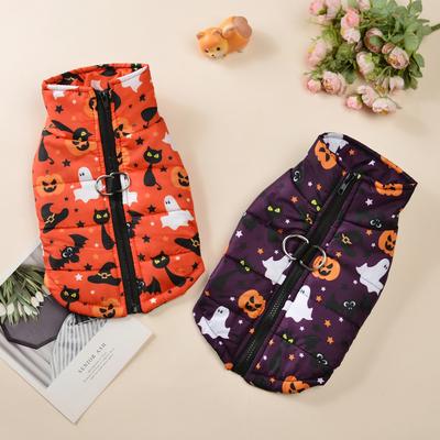 Halloween Kürbisdruck Hundejacke für kleine mittelgroße Hunde Katzen mit D-Ring winddicht warm Welpenkleidung Französische Bulldogge Haustiermantel