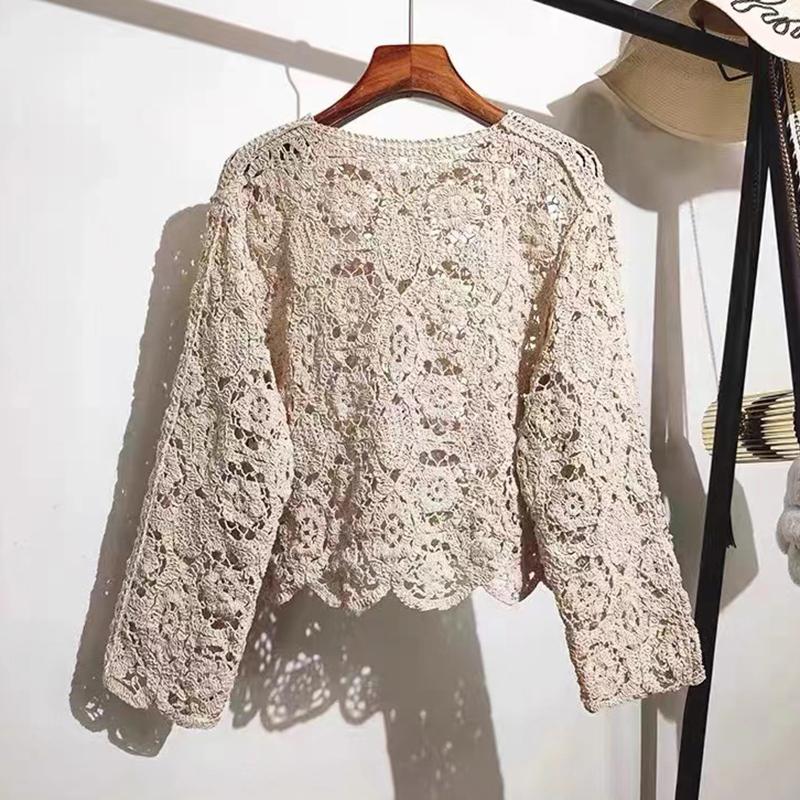 Elegant Long Sleeve Lace Hollow Women Blouse New Cotton Cardigan Female Shirt Ladies Spring and Summer O Neck Casual Versatile Cardigan Female Clothes