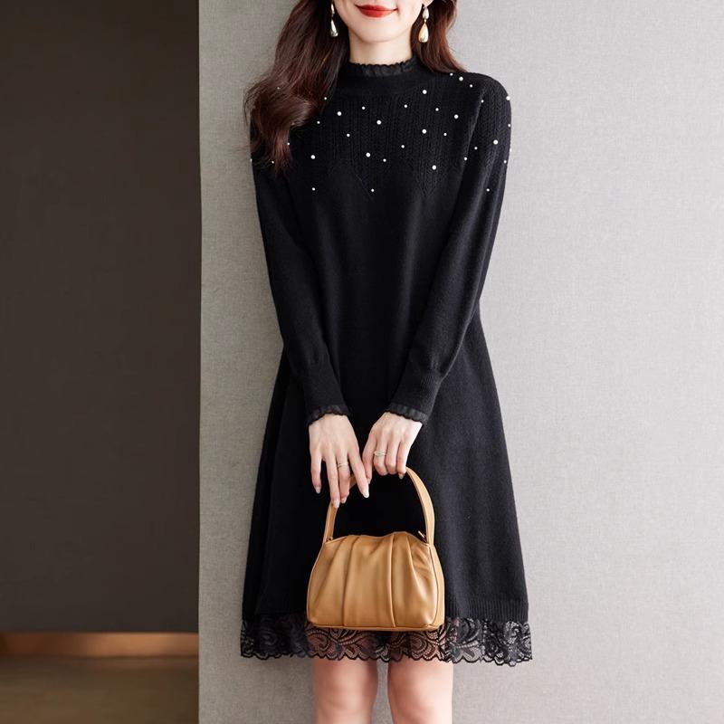 Lace Half Turtleneck Sweater Solid Color Loose Pullover for Women Casual Long-sleeved Knitted Dress for Autumn and Winter