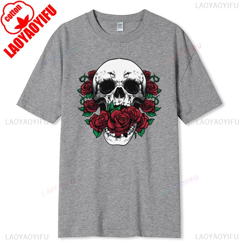 Skull and Red Roses Skeleton Gothic Hipster Novelty ShortSleeve Unisex TShirt Skeleton and Flower Pattern Cotton Casual Shirt