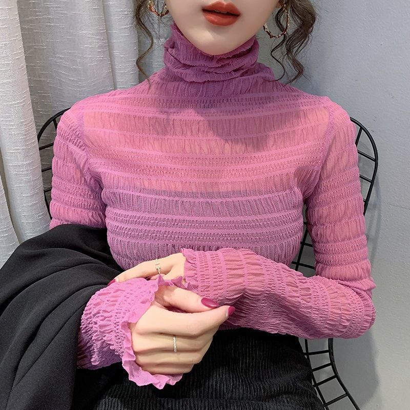 

Женская блузка с кружевом и воротником-стойкой из махры, однотонная рубашка, с длинными рукавами и сетчатый пуловер XL горячий розовый