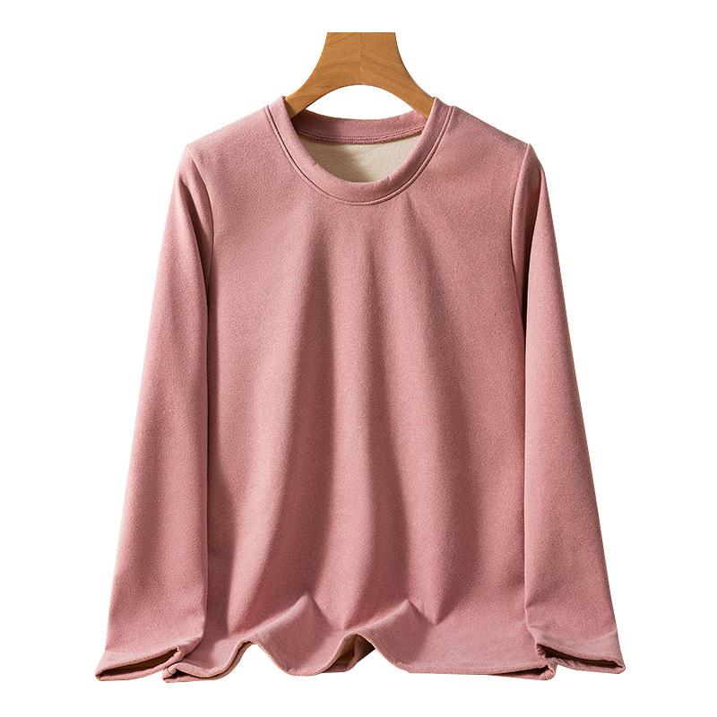 Large Size Loose Round Neck Casual Women's Autumn Winter Warm Long Sleeved T-shirt with Thick Velvet Lining for Autumn Home Wear