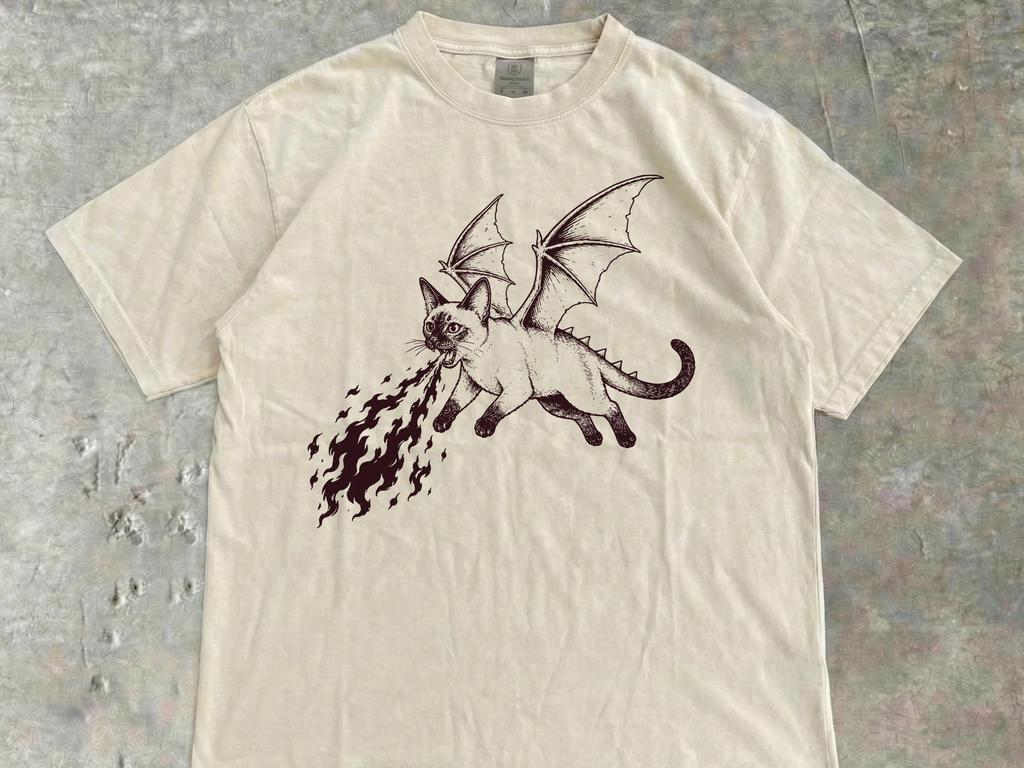 Siamese Dragon Cat Comfort Colors T-Shirt, Fire Breathing Devil Cat Tee, Funny Gothic Fantasy Cat Lover Gift