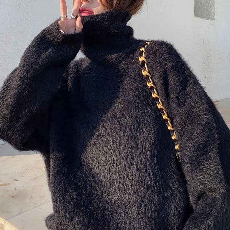 

DAFIFY Женская мода повседневная осень-зима однотонный принт длинный рукав высокий ворот свитера One size чёрный