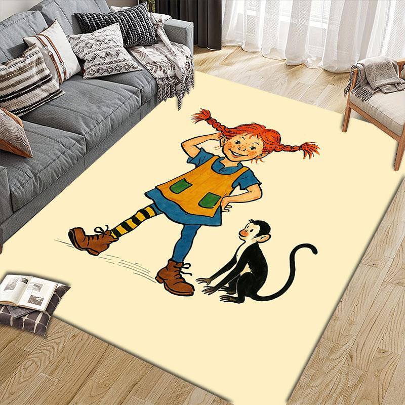 Pippi Cartoon Flannel Printed Carpet, Home Sofa Decoration for Living Room & Bedroom, Non‑Slip Play Flannel Floor Mat for Game Room