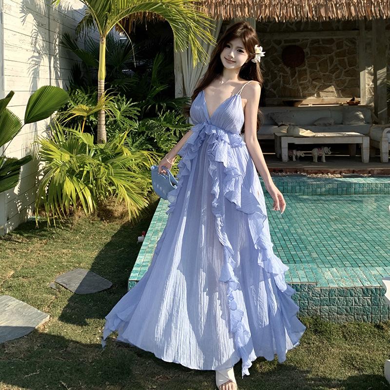 Seaside Vacation Dress Women's Summer New Celebrity Temperament Neck Halter, Blue Long Skirt
