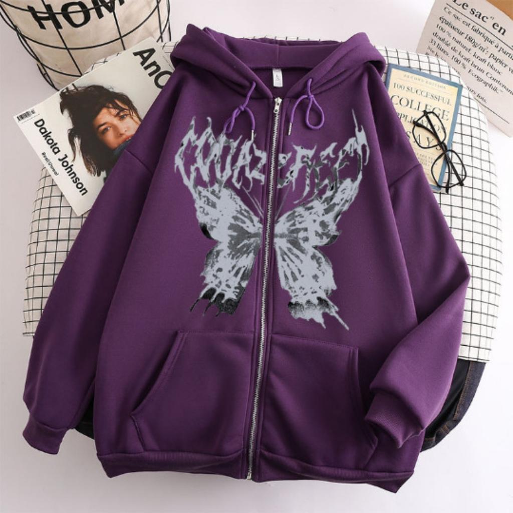 Women's Hooded Zip Up Loose Fit Long Sleeve Printed Butterfly Casual Cardigan Sweatshirt Jacket
