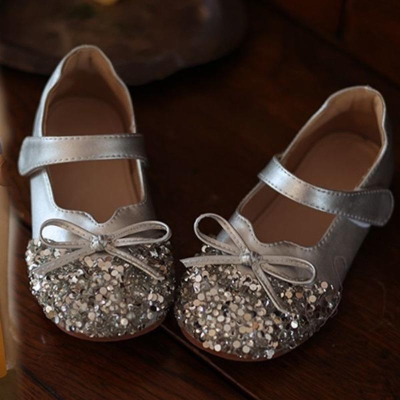 Girls Princess Shoes Shiny Sequins Kids Flat Shoes Round Toes Sweet 2025 New Children Dance Shoes Simple Bows Wedding Non-slip