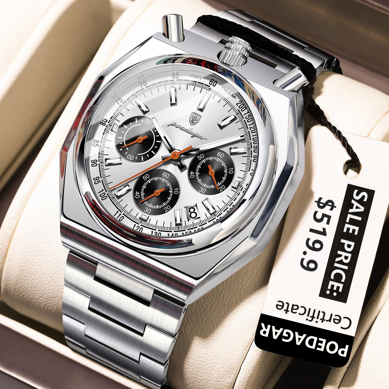 Men s Quartz Chronograph Watch  Luminous Waterproof Multi-Function Dial Business Stainless Steel Men Reloj Watch 897 Sliver White S