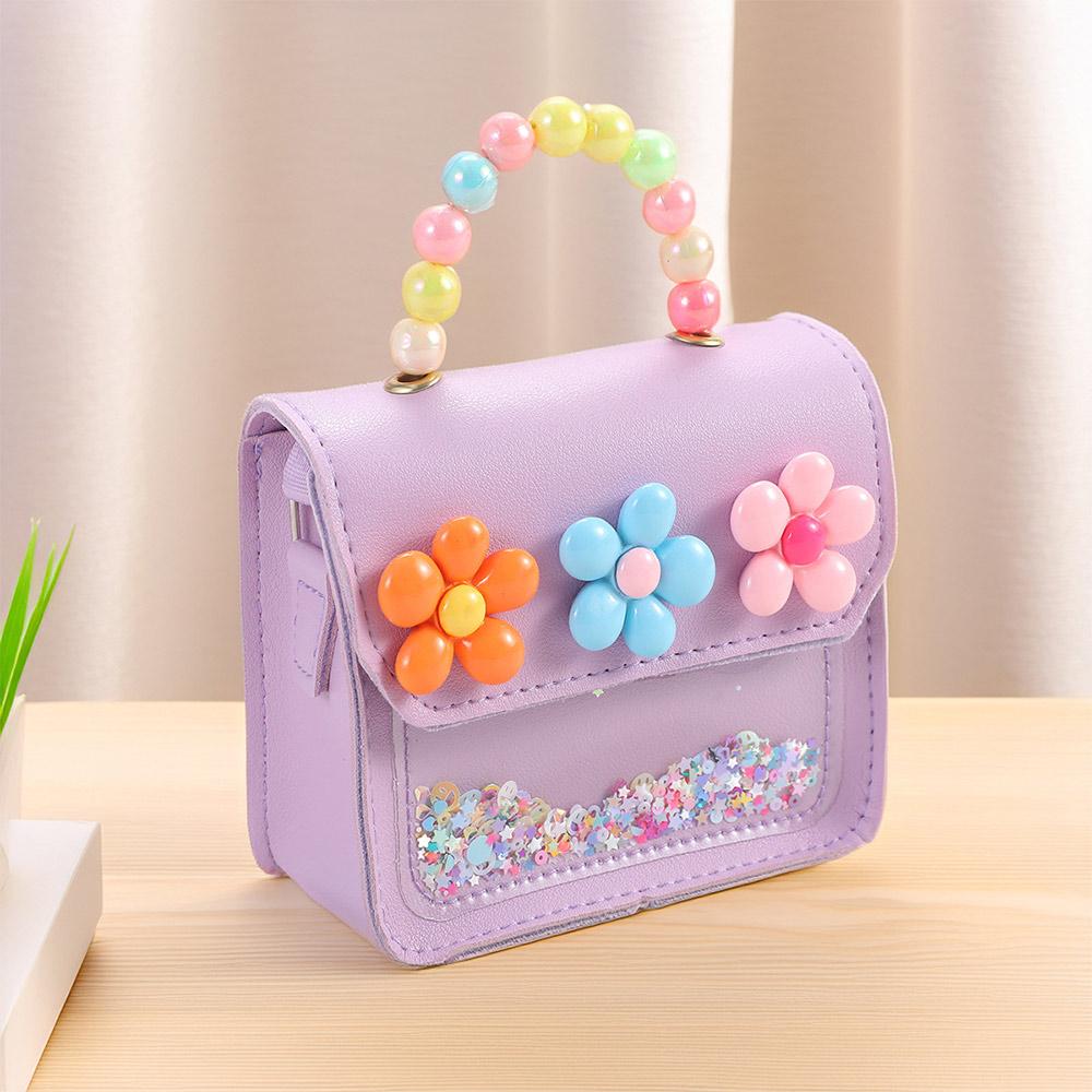 Cute Flowers Children's Handbags Messenger Bag Sweet Girls Pearl Shiny Kids Shoulder Bag Cartoon PU Leather Crossbody Bags