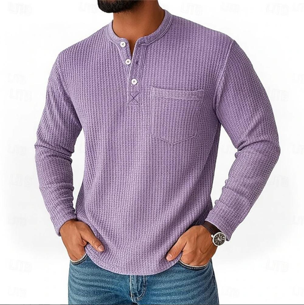 

Vintage Men s Henley Shirts Long Sleeve Buttoned Crew Neck T Shirt Spring Autumn Men Clothing Casual Solid Color Waffle T-shirt S світло-фіолетового кольору