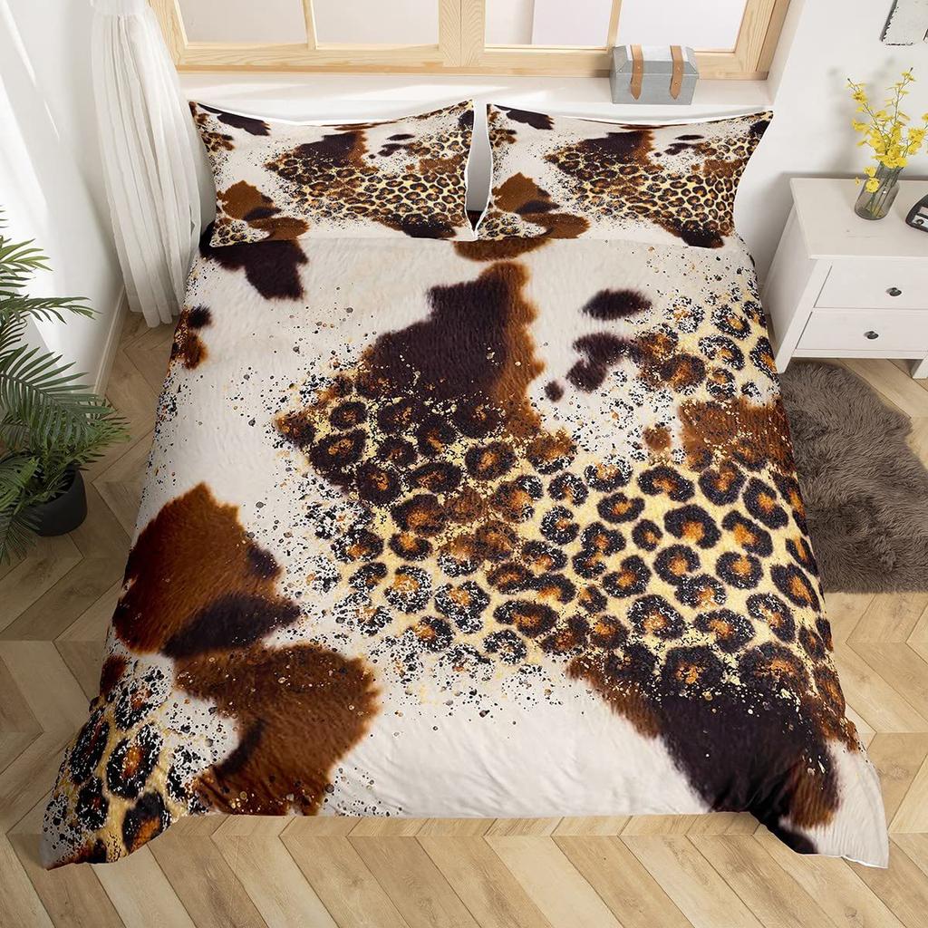 Cowhide King Queen Duvet Cover Patchwork Cow Fur Print Bedding Set Animal Quilt Cover Western Cowboy Polyester Comforter Cover