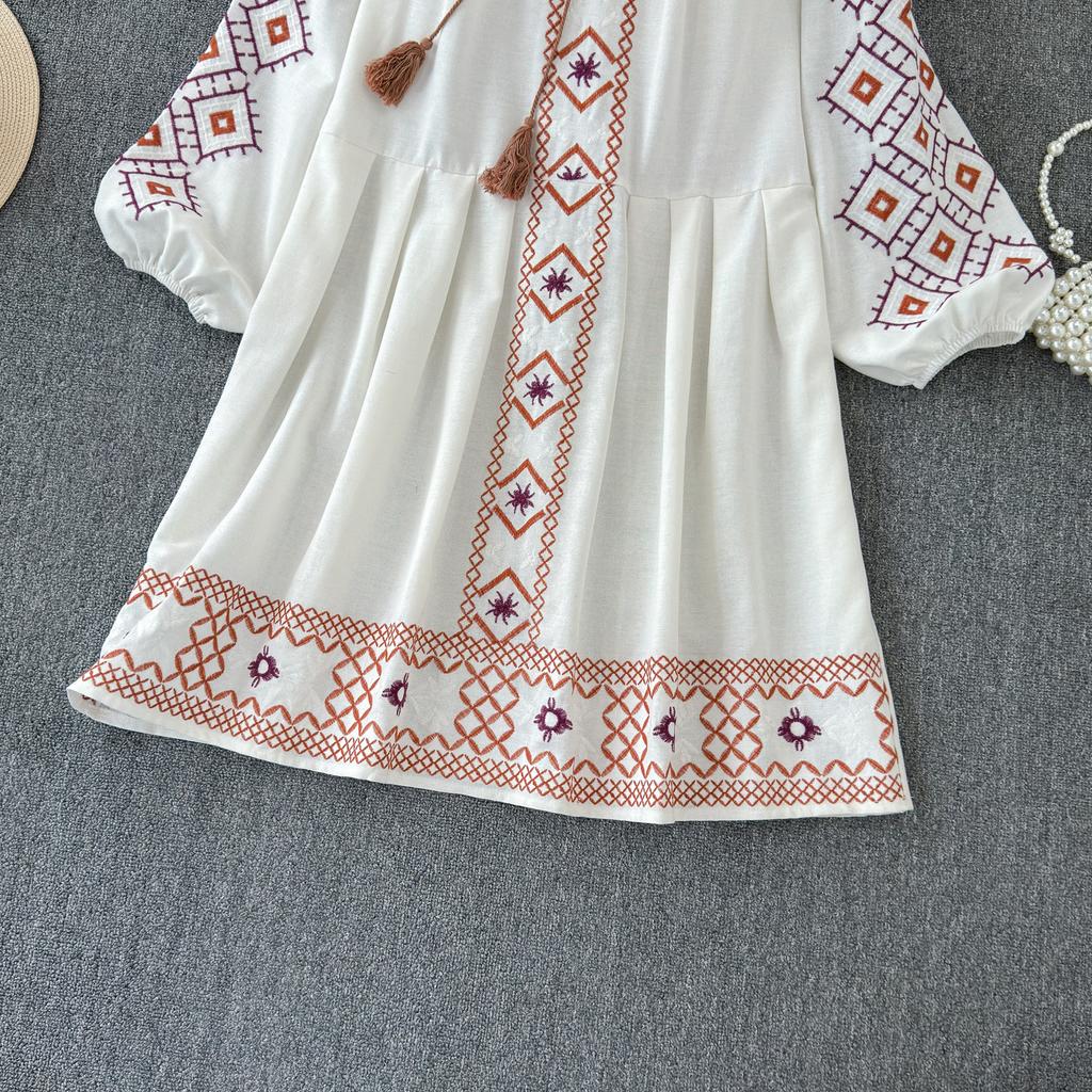 Bohemian Dress Women 2024 O Neck Ethnic Style Embroidery A-line Vestidos Retro French Chic Folds Dresses Summer Dropshipping