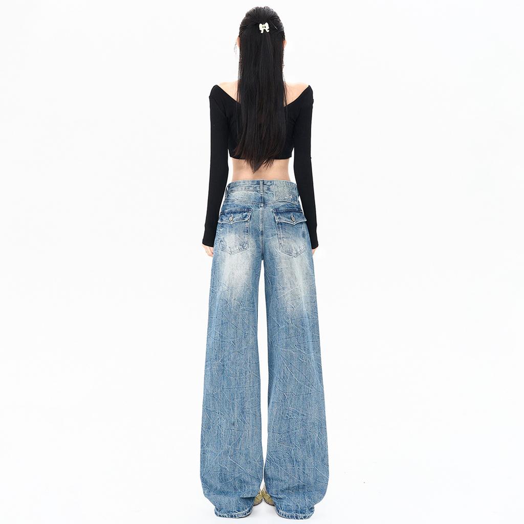 American old pleated floor drape denim trousers comfortable Spice Girl new loose spring and summer