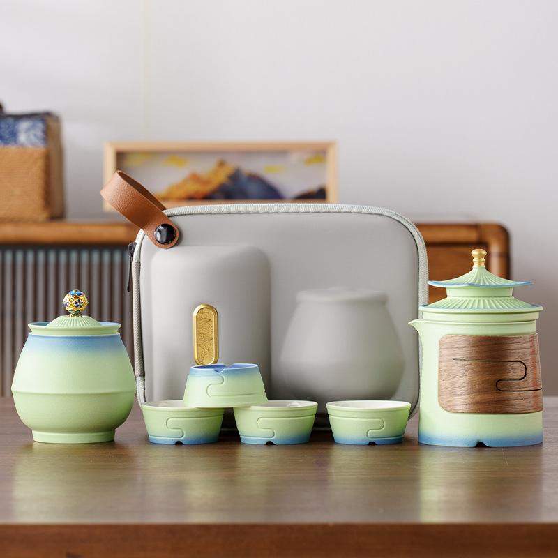 Forbidden City suet jade porcelain kung fu travel tea set, one pot and four cups of business commemorative high-end souvenir