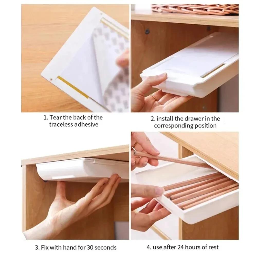 Scatola portaoggetti nascosta, cassetto portaoggetti da scrivania, autoadesivo, in plastica, portaoggetti da tavolo, semplice organizer per articoli vari, cosmetici e cancelleria