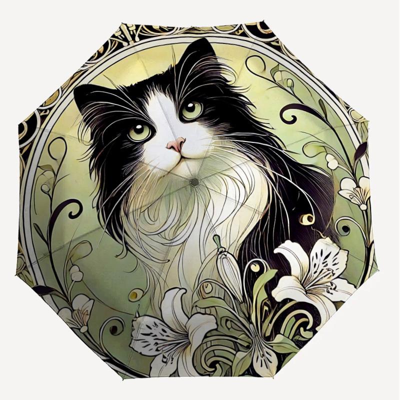 1PC Cat, floralAutomatic Open/Close Umbrella with Windproof, 8-Rib Sturdy Canopy, Durable Ribs, Fashionable Design, Outdoor Accessory, Fun Prin, Holid