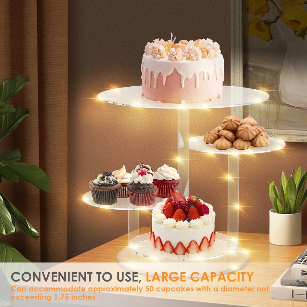 4-Tier Acrylic Cake Stand With LED Light Dessert Cupcake Tray Glow Showcase Holder For Weddings Birthday Party Decoration