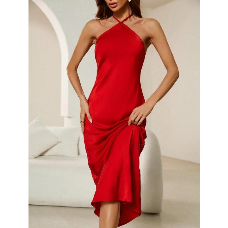 Summer Fashion Women's Sexy Summer Halter Sleeveless Solid Color Party Dress