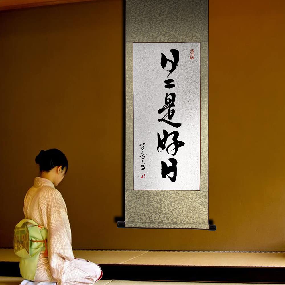 "Every Day Is a Good Day" Hanging Scroll, Stylish, "Every Day Is a Good Day" Style, Cursive Calligraphy, Tea Hanging Scroll, Zen Phrase, Single-line
