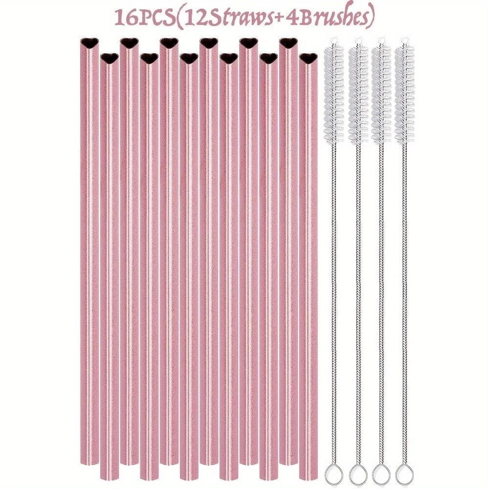 Pink Heart-Shaped Metal Straws Smooth Surface Eco-friendly 304 Stainless Steel Straws with Cleaning Brush Reusable Straws
