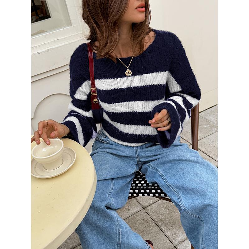 Women's Striped Contrast Color Cropped Knit Sweater Autumn Winter Long Sleeve Crew Neck Loose Casual Daily Pullovers Tops