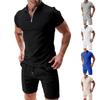 Men's Casual European & American Waffle Texture Shorts and T-Shirt Set - Solid Color, Short-Sleeved, Loose Lapel Design for Summer
