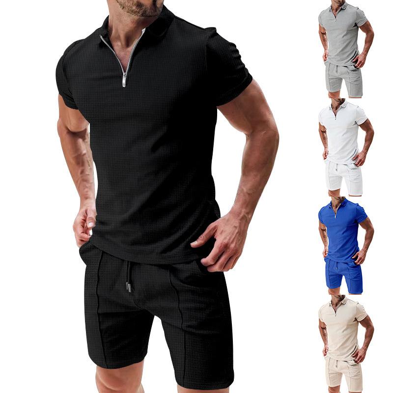 Men's Casual European & American Waffle Texture Shorts and T-Shirt Set - Solid Color, Short-Sleeved, Loose Lapel Design for Summer
