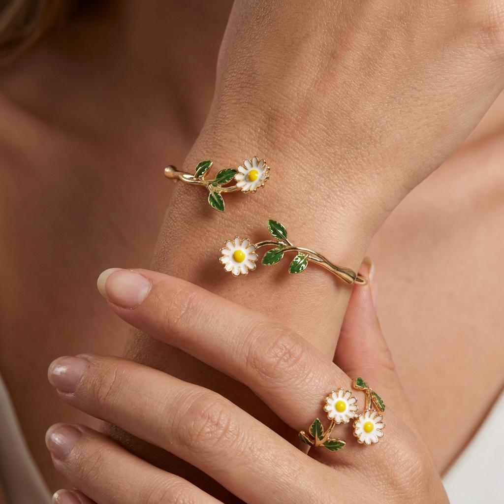 Women's Bracelet and Ring Set, Alloy Enamel Camellia Open Bracelet and Ring Set