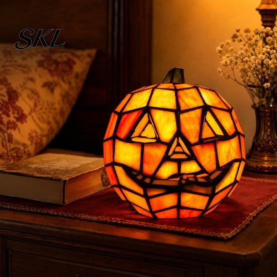Decorative Pumpkin Lamp Stained Glass Lamp, Halloween Bedside Table Orange Night Light Accent for Indoor, Home, Holiday Party Decor