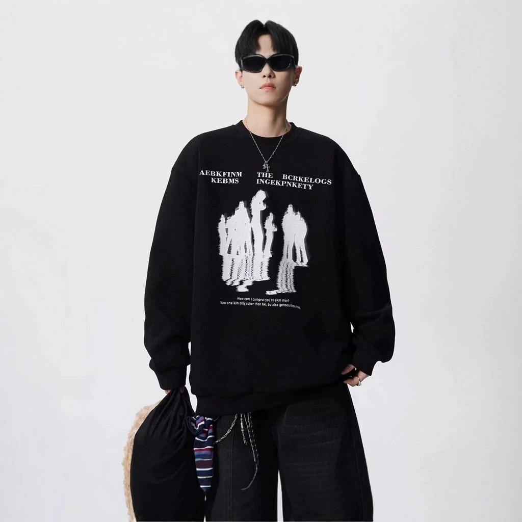 Retro Character Printed Crew Neck Sweater Men and Women the Same Autumn Trendy Couple Loose Versatile Pullover Top
