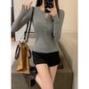 2025 New Spring and Autumn Long Sleeve Inner Women T-Shirt Tight Slim Fit Office Women's Bottom Shirt Basic solid color O Neck Skinny Button Top