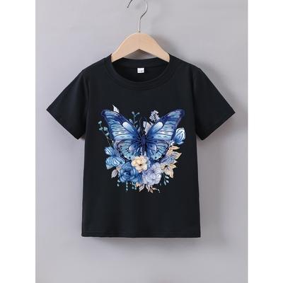 Tamanhos Europeus Estampa Gráfica de Borboleta Camisetas Criativas Macias e Elásticas Confortáveis Gola Redonda Manga Curta Camiseta Tops de Verão para Meninas
